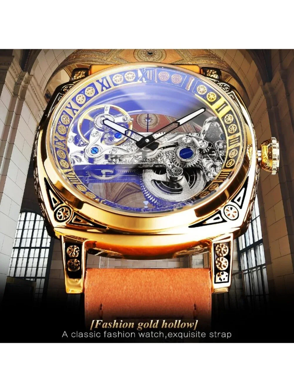 Luxury Mechanical Watch for Men, Retro Hollow Skeleton Design, Vintage Leather